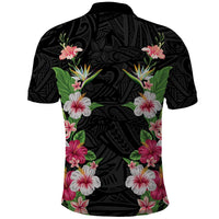 Hawaii Tropical Flowers Polo Shirt Black Polynesian Tattoo Art LT05 - Polynesian Pride