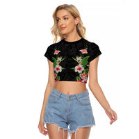 Hawaii Tropical Flowers Raglan Cropped T Shirt Black Polynesian Tattoo Art