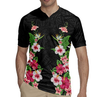 Hawaii Tropical Flowers Rugby Jersey Black Polynesian Tattoo Art