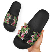 Hawaii Tropical Flowers Slide Sandals Black Polynesian Tattoo Art
