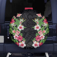 Hawaii Tropical Flowers Spare Tire Cover Black Polynesian Tattoo Art LT05 No hole Black - Polynesian Pride