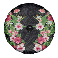Hawaii Tropical Flowers Spare Tire Cover Black Polynesian Tattoo Art LT05 - Polynesian Pride