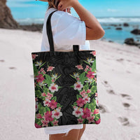 Hawaii Tropical Flowers Tote Bag Black Polynesian Tattoo Art