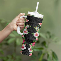 Hawaii Tropical Flowers Tumbler With Handle Black Polynesian Tattoo Art