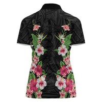 Hawaii Tropical Flowers Women Polo Shirt Black Polynesian Tattoo Art