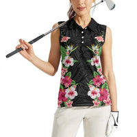 Hawaii Tropical Flowers Women Sleeveless Polo Shirt Black Polynesian Tattoo Art