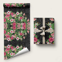 Hawaii Tropical Flowers Wrapping Paper Black Polynesian Tattoo Art