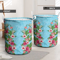 Hawaii Tropical Flowers Laundry Basket Sky Blue Polynesian Tattoo Art