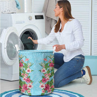 Hawaii Tropical Flowers Laundry Basket Sky Blue Polynesian Tattoo Art