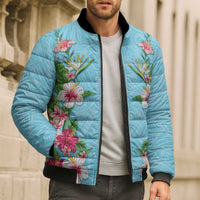 Hawaii Tropical Flowers Bomber Puffer Jacket Sky Blue Polynesian Tattoo Art