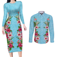 Hawaii Tropical Flowers Couples Matching Long Sleeve Bodycon Dress and Long Sleeve Button Shirt Sky Blue Polynesian Tattoo Art