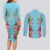 Hawaii Tropical Flowers Couples Matching Long Sleeve Bodycon Dress and Long Sleeve Button Shirt Sky Blue Polynesian Tattoo Art