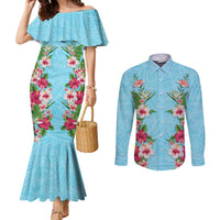 Hawaii Tropical Flowers Couples Matching Mermaid Dress and Long Sleeve Button Shirt Sky Blue Polynesian Tattoo Art