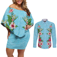 Hawaii Tropical Flowers Couples Matching Off Shoulder Short Dress and Long Sleeve Button Shirt Sky Blue Polynesian Tattoo Art