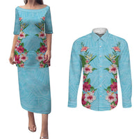 Hawaii Tropical Flowers Couples Matching Puletasi and Long Sleeve Button Shirt Sky Blue Polynesian Tattoo Art LT05 Blue - Polynesian Pride
