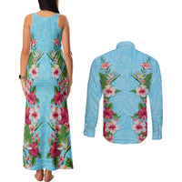 Hawaii Tropical Flowers Couples Matching Tank Maxi Dress and Long Sleeve Button Shirt Sky Blue Polynesian Tattoo Art