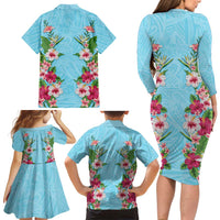 Hawaii Tropical Flowers Family Matching Long Sleeve Bodycon Dress and Hawaiian Shirt Sky Blue Polynesian Tattoo Art