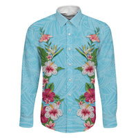 Hawaii Tropical Flowers Family Matching Off The Shoulder Long Sleeve Dress and Hawaiian Shirt Sky Blue Polynesian Tattoo Art