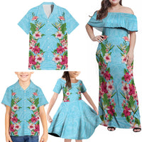 Hawaii Tropical Flowers Family Matching Off Shoulder Maxi Dress and Hawaiian Shirt Sky Blue Polynesian Tattoo Art