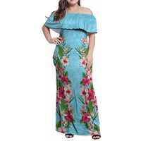 Hawaii Tropical Flowers Family Matching Off Shoulder Maxi Dress and Hawaiian Shirt Sky Blue Polynesian Tattoo Art