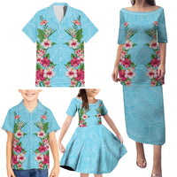 Hawaii Tropical Flowers Family Matching Puletasi and Hawaiian Shirt Sky Blue Polynesian Tattoo Art
