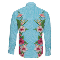 Hawaii Tropical Flowers Family Matching Tank Maxi Dress and Hawaiian Shirt Sky Blue Polynesian Tattoo Art