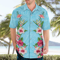 Hawaii Tropical Flowers Hawaiian Shirt Sky Blue Polynesian Tattoo Art
