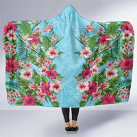 Hawaii Tropical Flowers Hooded Blanket Sky Blue Polynesian Tattoo Art LT05 One Size Blue - Polynesian Pride
