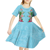 Hawaii Tropical Flowers Kid Short Sleeve Dress Sky Blue Polynesian Tattoo Art