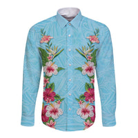 Hawaii Tropical Flowers Long Sleeve Button Shirt Sky Blue Polynesian Tattoo Art