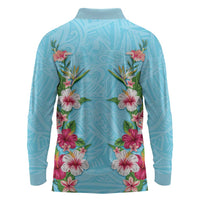 Hawaii Tropical Flowers Long Sleeve Polo Shirt Sky Blue Polynesian Tattoo Art