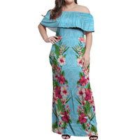 Hawaii Tropical Flowers Off Shoulder Maxi Dress Sky Blue Polynesian Tattoo Art