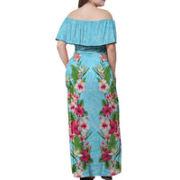 Hawaii Tropical Flowers Off Shoulder Maxi Dress Sky Blue Polynesian Tattoo Art