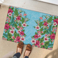 Hawaii Tropical Flowers Rubber Doormat Sky Blue Polynesian Tattoo Art