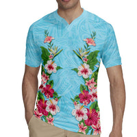 Hawaii Tropical Flowers Rugby Jersey Sky Blue Polynesian Tattoo Art