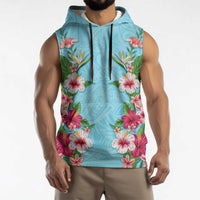 Hawaii Tropical Flowers Sleeveless Hoodie Sky Blue Polynesian Tattoo Art