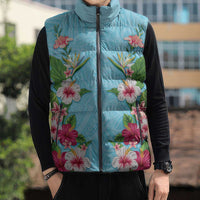 Hawaii Tropical Flowers Sleeveless Puffer Jacket Sky Blue Polynesian Tattoo Art