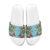 Hawaii Tropical Flowers Slide Sandals Sky Blue Polynesian Tattoo Art