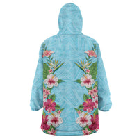Hawaii Tropical Flowers Wearable Blanket Hoodie Sky Blue Polynesian Tattoo Art