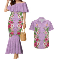 Hawaii Tropical Flowers Couples Matching Mermaid Dress and Hawaiian Shirt Lavender Polynesian Tattoo Art
