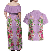 Hawaii Tropical Flowers Couples Matching Off Shoulder Maxi Dress and Hawaiian Shirt Lavender Polynesian Tattoo Art