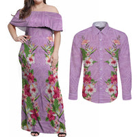 Hawaii Tropical Flowers Couples Matching Off Shoulder Maxi Dress and Long Sleeve Button Shirt Lavender Polynesian Tattoo Art