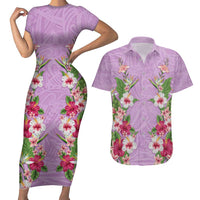Hawaii Tropical Flowers Couples Matching Short Sleeve Bodycon Dress and Hawaiian Shirt Lavender Polynesian Tattoo Art