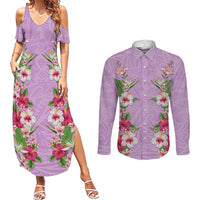 Hawaii Tropical Flowers Couples Matching Summer Maxi Dress and Long Sleeve Button Shirt Lavender Polynesian Tattoo Art