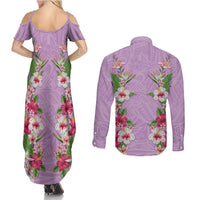 Hawaii Tropical Flowers Couples Matching Summer Maxi Dress and Long Sleeve Button Shirt Lavender Polynesian Tattoo Art