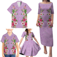 Hawaii Tropical Flowers Family Matching Puletasi and Hawaiian Shirt Lavender Polynesian Tattoo Art
