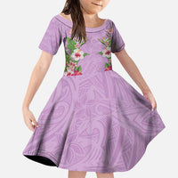 Hawaii Tropical Flowers Family Matching Short Sleeve Bodycon Dress and Hawaiian Shirt Lavender Polynesian Tattoo Art