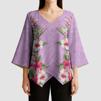 Hawaii Tropical Flowers Kimono Sleeve Blouse Lavender Polynesian Tattoo Art