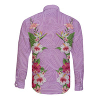 Hawaii Tropical Flowers Long Sleeve Button Shirt Lavender Polynesian Tattoo Art
