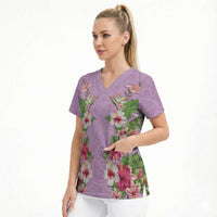 Hawaii Tropical Flowers Scrub Top Lavender Polynesian Tattoo Art